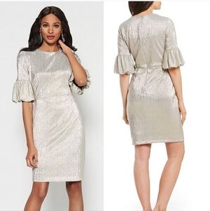 Donna Morgan Silver-Gold Metallic Ruffle Bell Sleeve Dress
